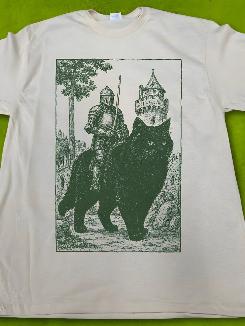 MEDIEVAL STYLE KNIGHT & CAT TEE White printed T-shirt for both men and women